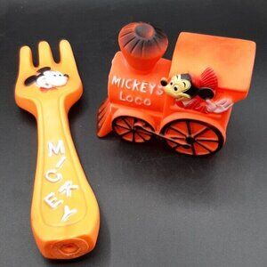 Mickey's Loco Train & Fork Squeaky Toy Vintage 70s Orange Danara Taiwan Rubber